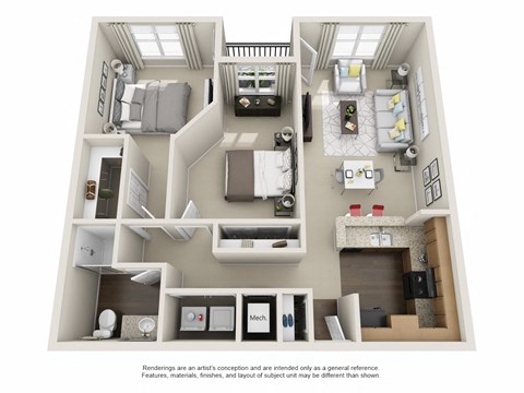 Floor plan for 2 beds, 1 bath, 937 sqft